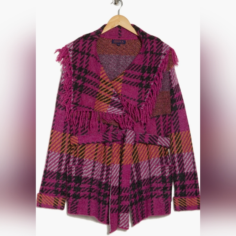 Joseph A Plaid Fringe Women's Belted Cardigan Sweater